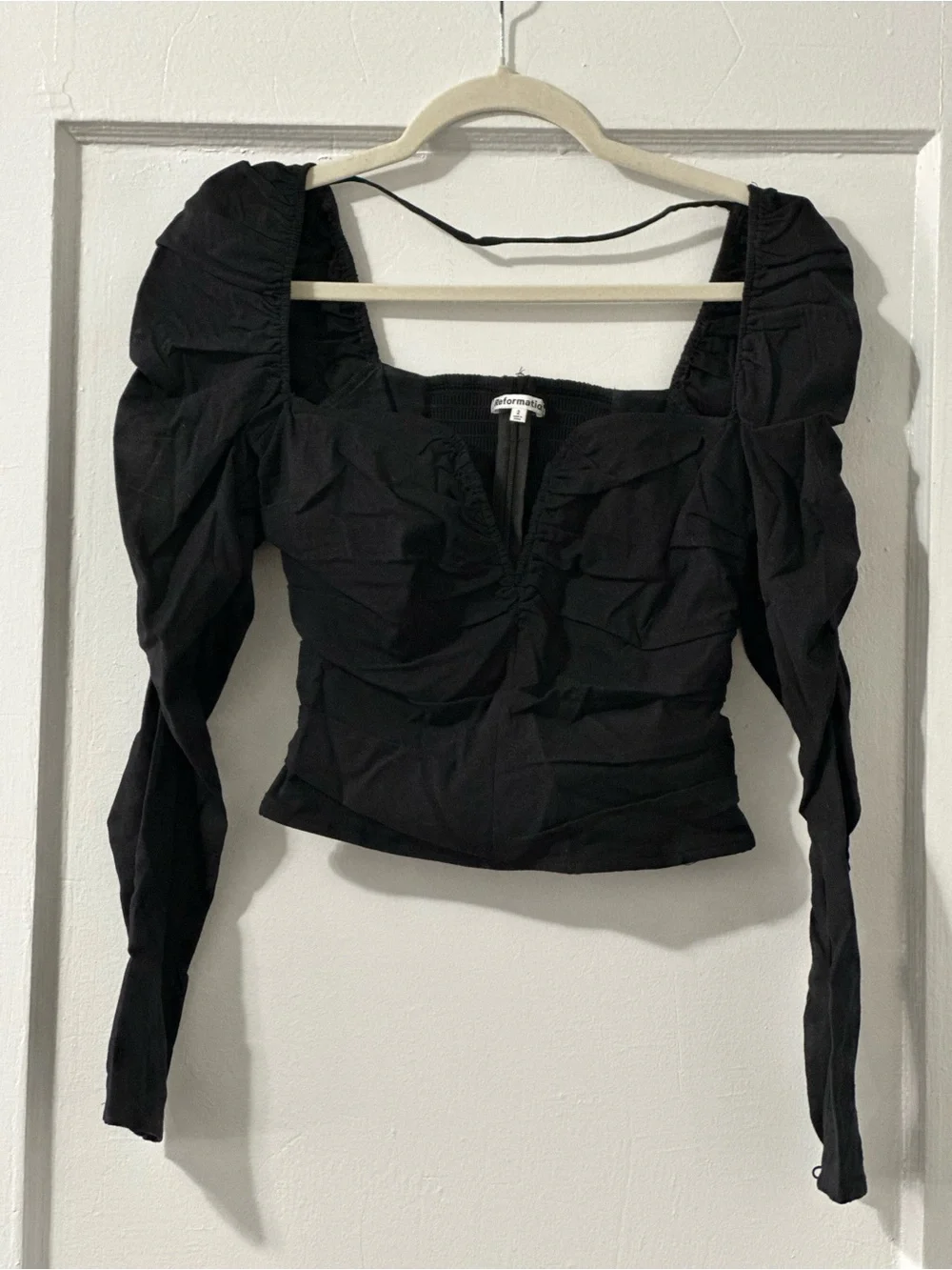 Reformation Black Ruched Puff-Sleeve Square Neck Top